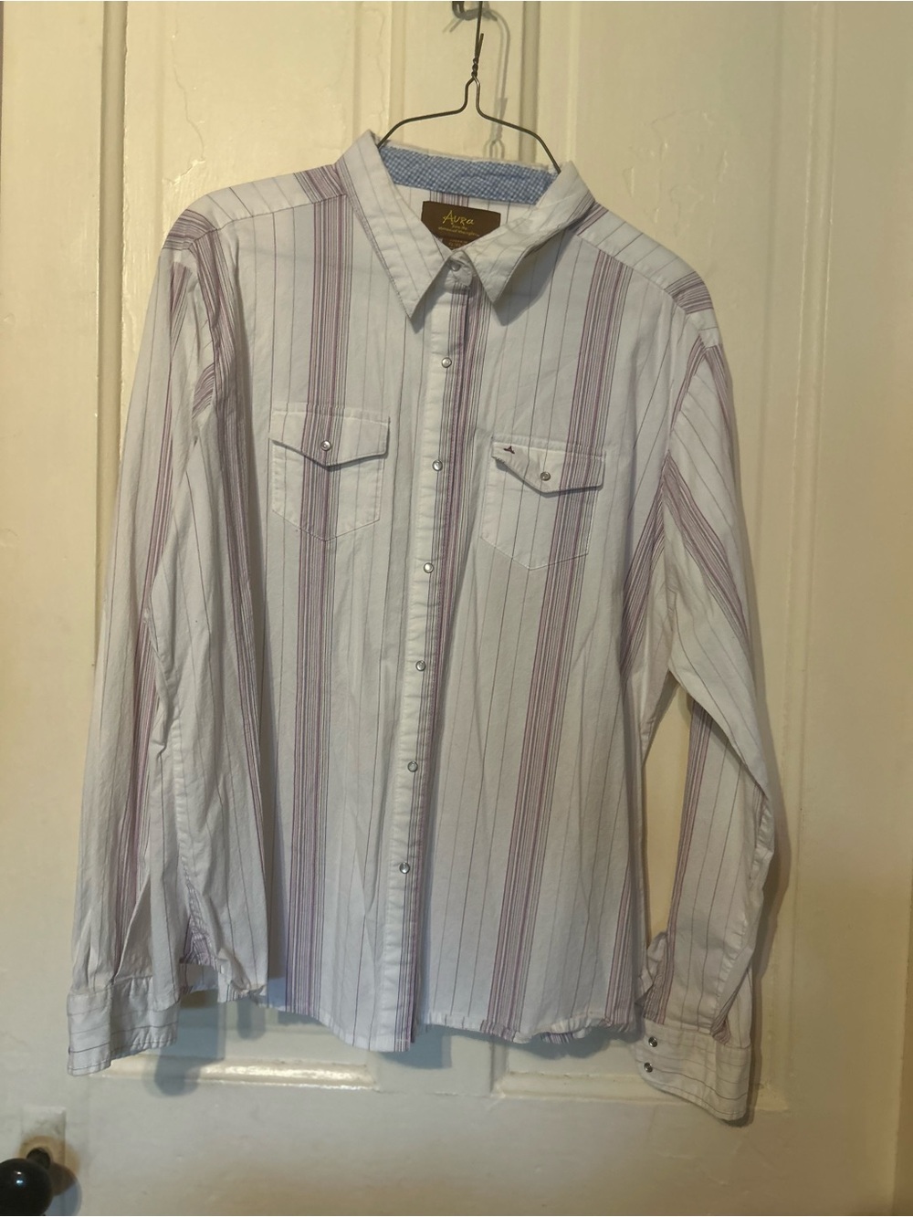Aura White Button-Down Shirt with Purple Stripe